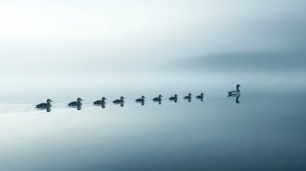 Ducklings Following Mother by the Pond photo