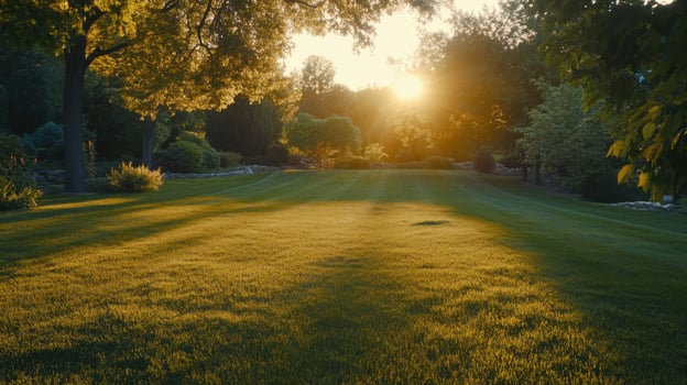 Green Lawn Bathed in Golden Sunset Light photo