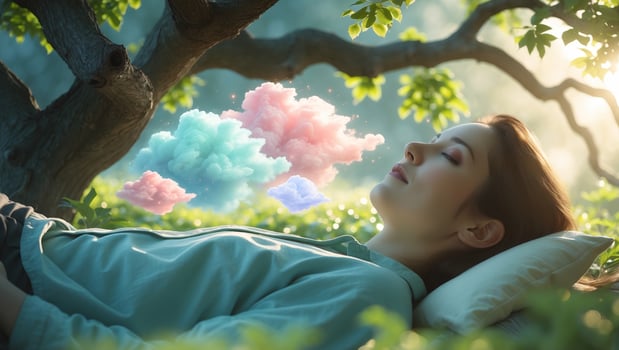 Woman relaxing under a tree surrounded by pastel clouds on a sunny day in a lush green garden photo