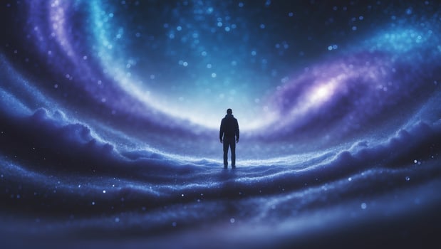 Cosmic journey of a lone figure under a swirling galactic sky filled with vibrant hues photo