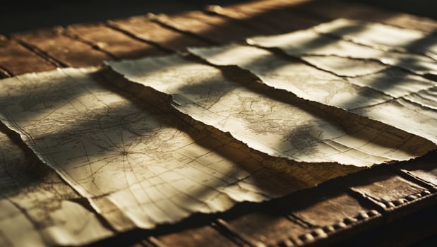 Old maps spread on a wooden table with soft light casting shadows in a cozy room photo