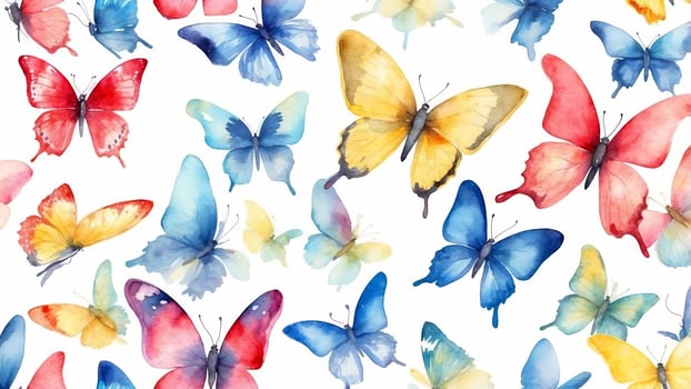 Colorful watercolor butterflies create a vibrant pattern in a nature-inspired design ideal for decoration photo