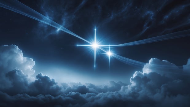 Three bright stars shine brightly in a dark night sky filled with clouds and light beams photo