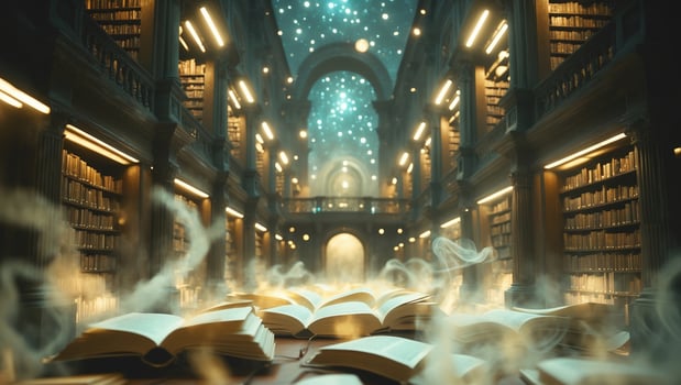 Enchanted library filled with open books steaming under a magical starry sky at twilight photo