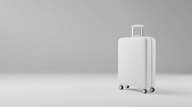 White suitcase on wheels against minimalist grey background photo