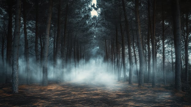 Dark Mysterious Forest Path with Fog, Spooky Woodland Scene, Eerie Atmosphere, Haunted Nature Landscape, Misty Pine Trees, Creepy Horror Background, Enchanted Foggy Forest, Fantasy Mystery Setting photo