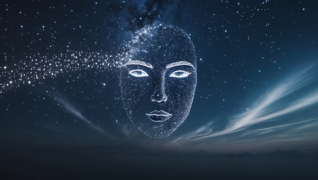 Night sky filled with stars reveals a cosmic face in a serene celestial landscape at twilight photo