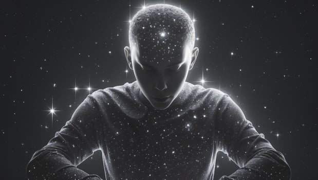 Boy exploring cosmic wonders with a glowing starlit aura in a dark setting at night photo