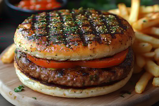 Delicious Grilled Burger with Tomato and Fries - Perfect for Food Photography or Menu Design photo