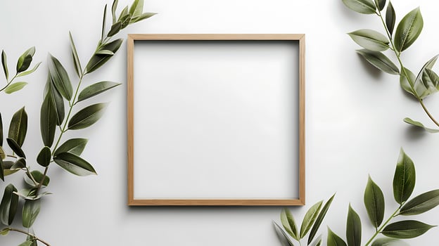 Wooden frame mockup with green leaves on white background. 3d rendering photo