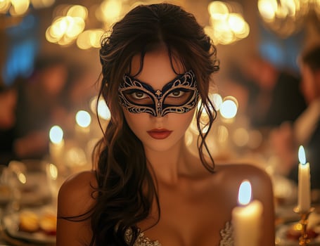 A woman with a mask on her face at a dinner party photo