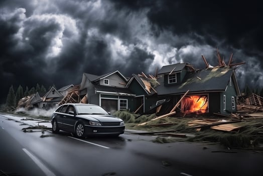 A car is in front of a destroyed house that is on fire photo
