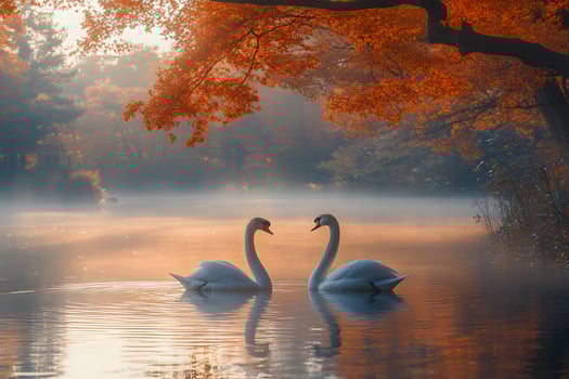 Romantic Autumn Scene with Swans on Misty Lake for Nature and Romance Themes photo