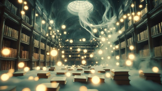 Enchanted library filled with glowing orbs and floating books in an ethereal atmosphere photo