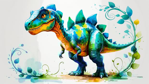 Colorful dinosaur illustration showcasing a vibrant creature surrounded by leafy designs photo