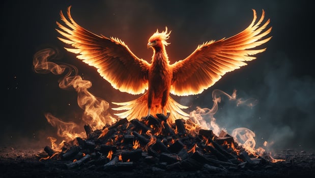 Majestic phoenix rising from ashes surrounded by flames and smoke in a dark setting photo