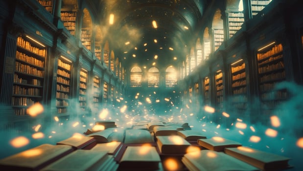 Magical library filled with floating books and glowing particles creating an enchanting atmosphere photo