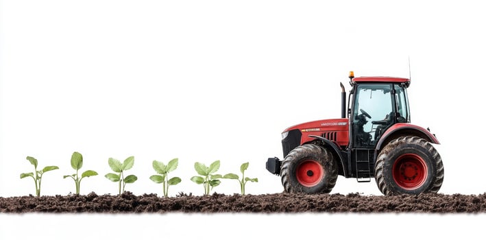 A modern tractor operates on a farm, skillfully tending to rows of young green plants. The equipment showcases innovation in agriculture, optimizing cultivation processes on fertile land. photo