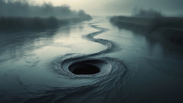 Mysterious dark vortex emerges from a serene river during the twilight hours photo