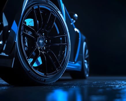 Black Sports Car Rear Wheel with Blue Brake Calipers photo