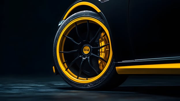 Black Sports Car Wheel with Yellow Rim and Brake Calipers photo