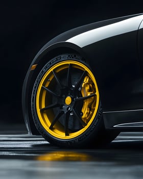 Black Sports Car Wheel with Yellow Rim Close-up photo