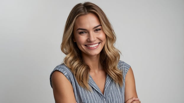 Smiling woman in casual outfit poses confidently with crossed arms against a neutral background photo