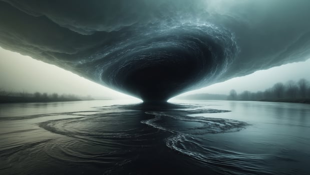 Mysterious dark vortex emerges from a serene river during the twilight hours photo