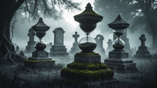 Mysterious fog envelops ancient graves with hourglasses marking time in forgotten cemetery photo