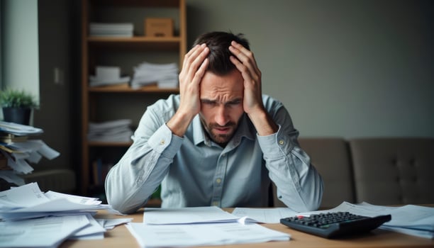 A frustrated man sitting at a cluttered desk, holding his head with both hands, overwhelmed by tax paperwork photo