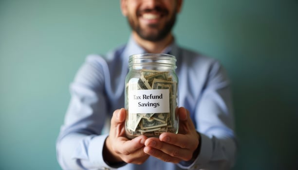 A person holding a jar labeled Tax Refund Savings filled with cash, symbolizing financial planning and smart tax management photo