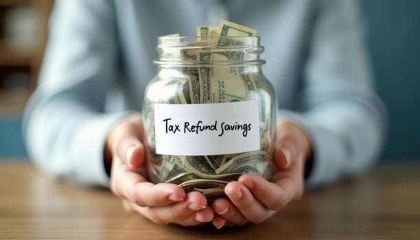 A person holding a jar labeled Tax Refund Savings photo