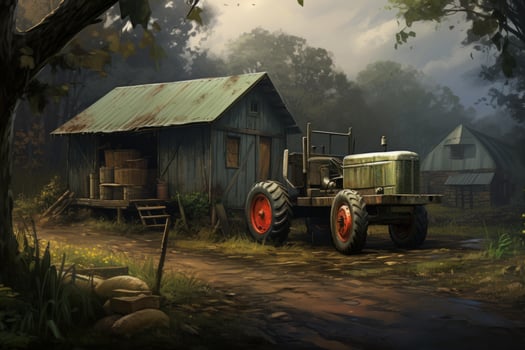 Old rusty tractor parked near wooden barn in the countryside, agriculture and farming concept photo