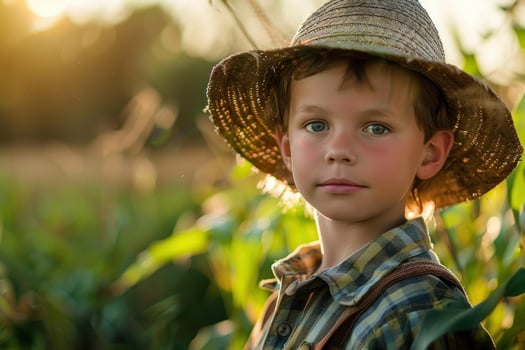 Young farmer boy wearing straw hat in corn field at sunset photo