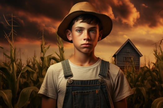 Young farmer standing in corn field at sunset with dramatic sky photo