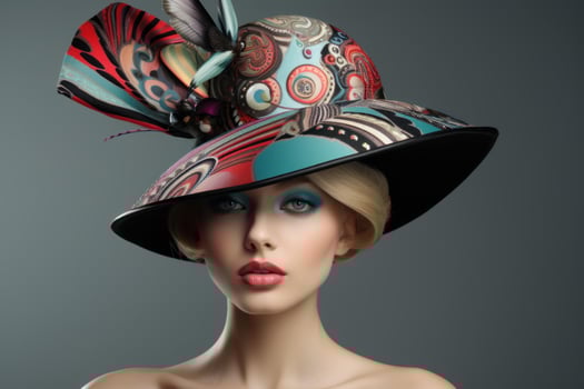 Fashion model wearing colorful hat with butterfly and feather decoration photo