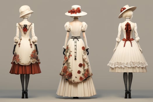 Three elegant victorian women wearing floral dresses and hats posing gracefully photo