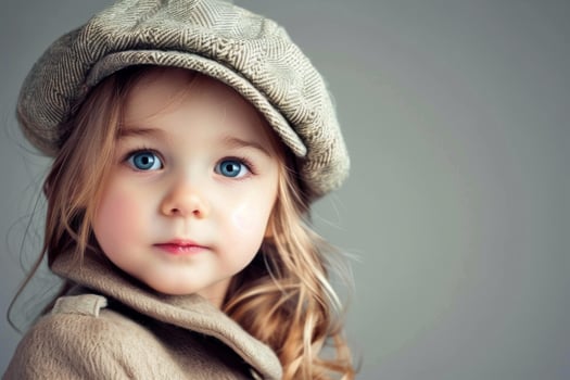 Adorable toddler girl wearing newsboy cap and coat posing for portrait photo