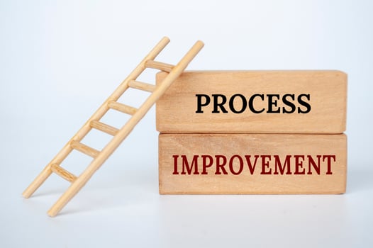 Process Improvement text on wooden blocks with small ladder background. Business and Process Improvement concept photo