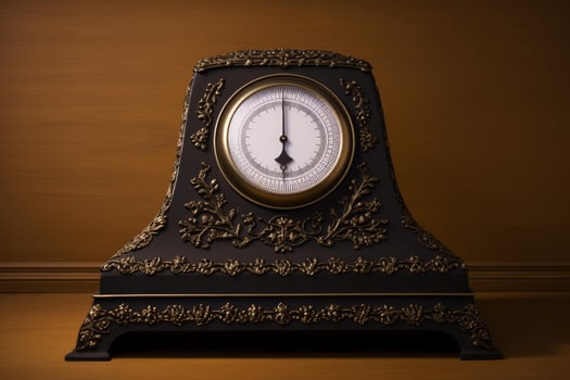 Elegant vintage scale rests on wooden surface, measuring time and weight photo