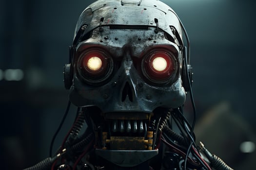 Scary robot skull showing glowing red eyes in futuristic setting photo