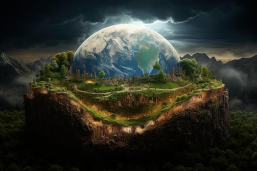 Planet earth protecting green city under dramatic sky photo