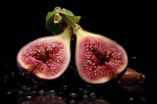 Two fresh figs cut in half with water droplets on black background photo