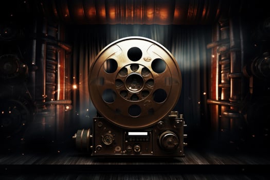 Vintage movie projector showing a film in a steampunk style cinema photo