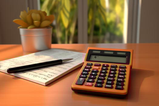 Orange calculator, pen and notepad sitting on wooden desk in sunlit home office photo