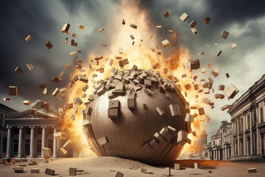 Sphere exploding in urban area spreading debris and fire photo