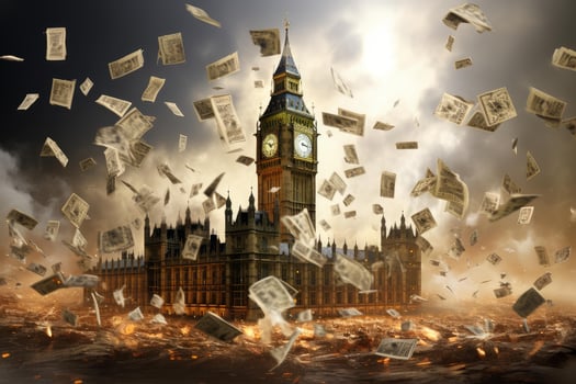 Banknotes are swirling around big ben and the palace of westminster in london photo