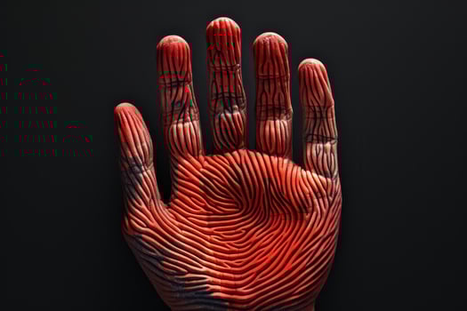 Red painted hand showing stop sign on dark background photo