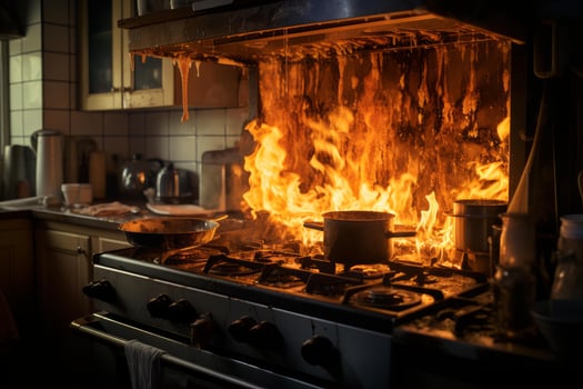 Fire burning in a restaurant kitchen with grease dripping from the exhaust hood photo