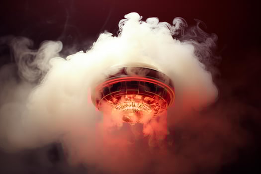 Smoke detector sensing smoke and triggering alarm in home ceiling photo